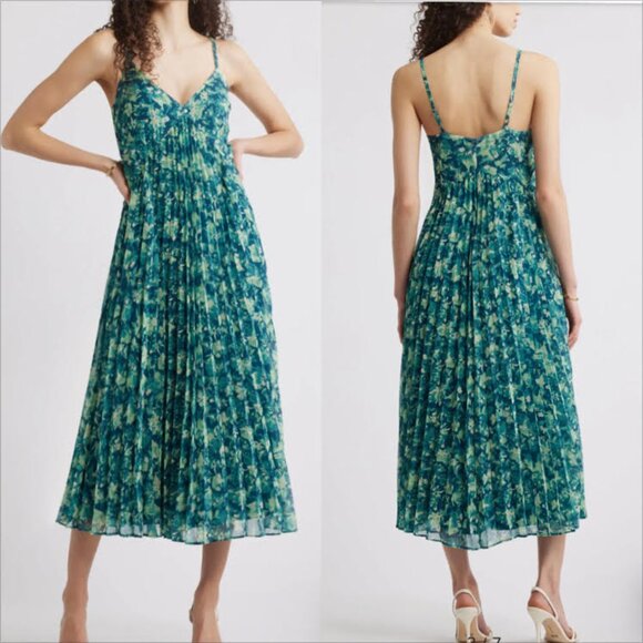 Chelsea28 Dresses & Skirts - Chelsea 28 Pleated Midi Sundress Size XS Woman's Green Teal Becca Floral V-neck